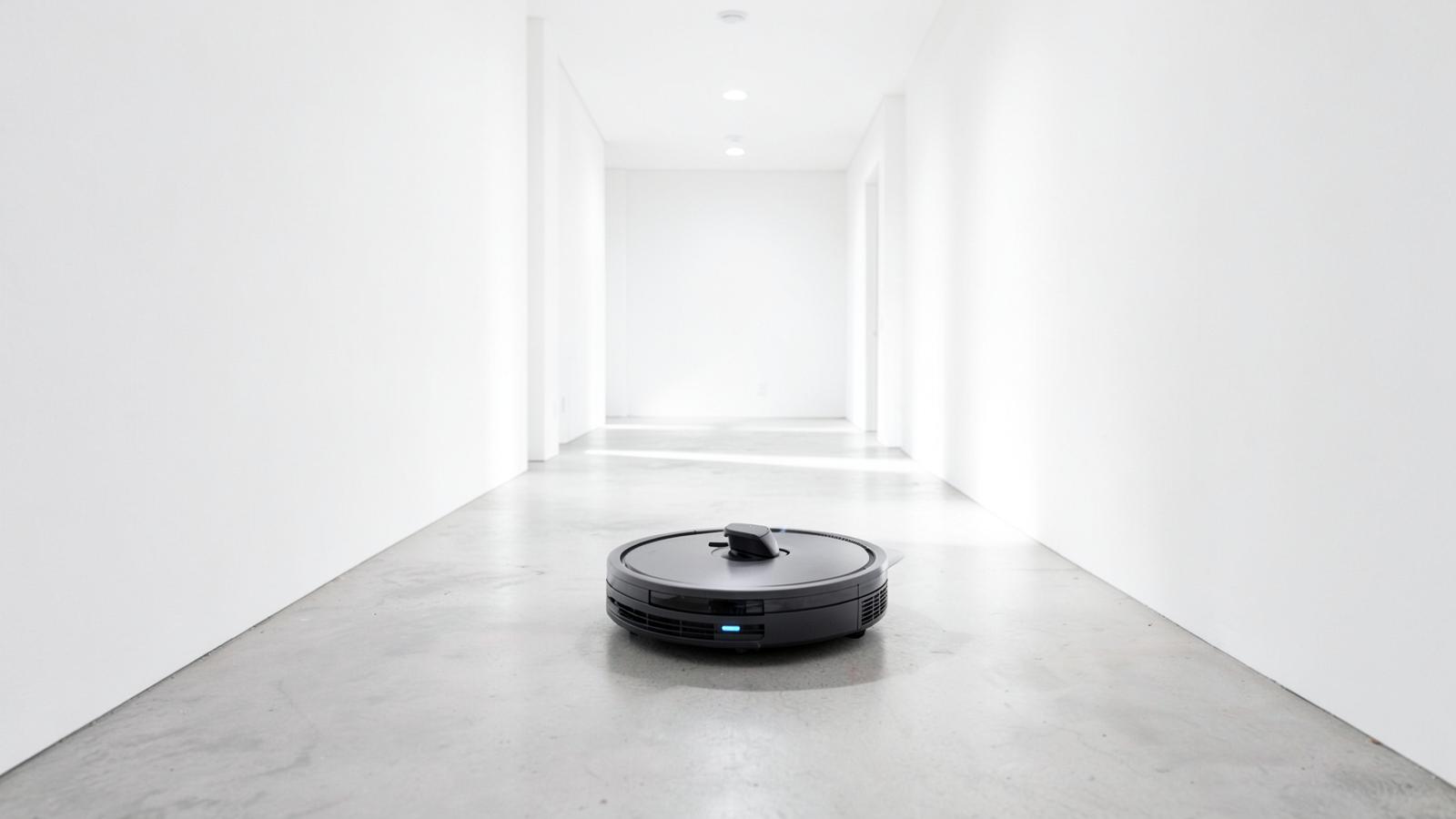 Robot vacuum with a laser navigation turret in a bright minimal hallway