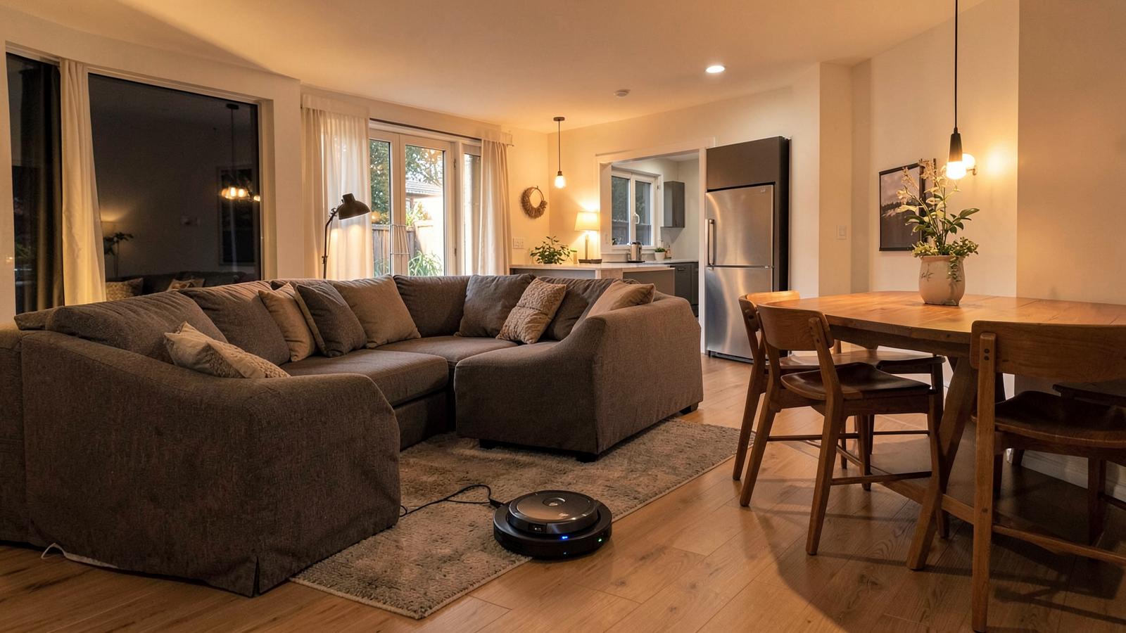 Robot vacuum cleaning an open plan living and dining room in the evening
