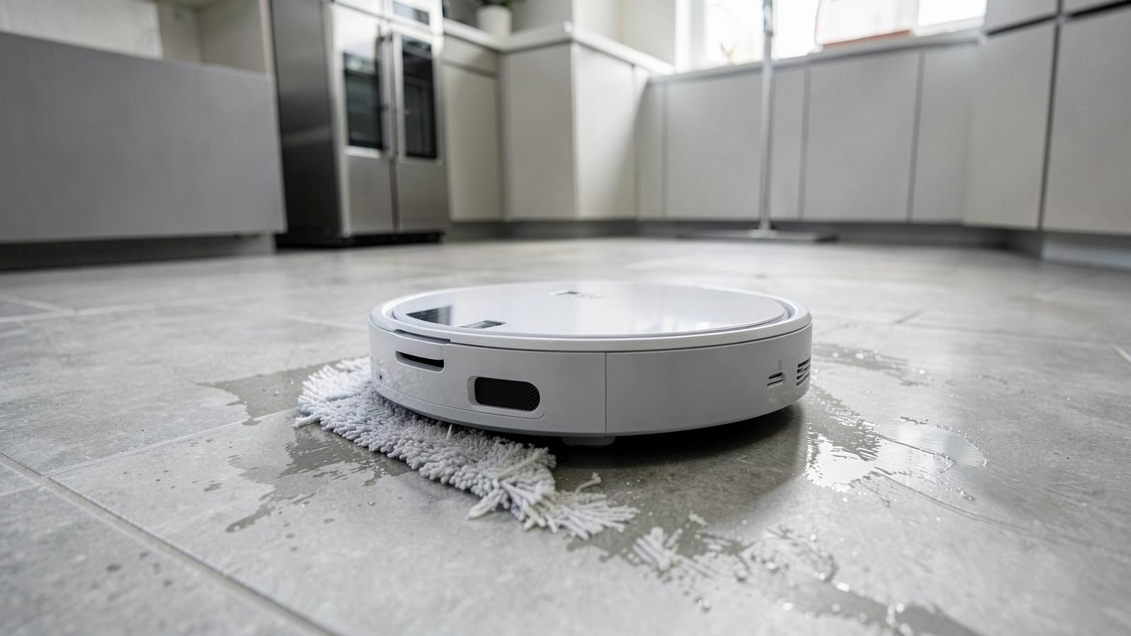 Robot vacuum with a mop pad leaving a damp trail across tile flooring