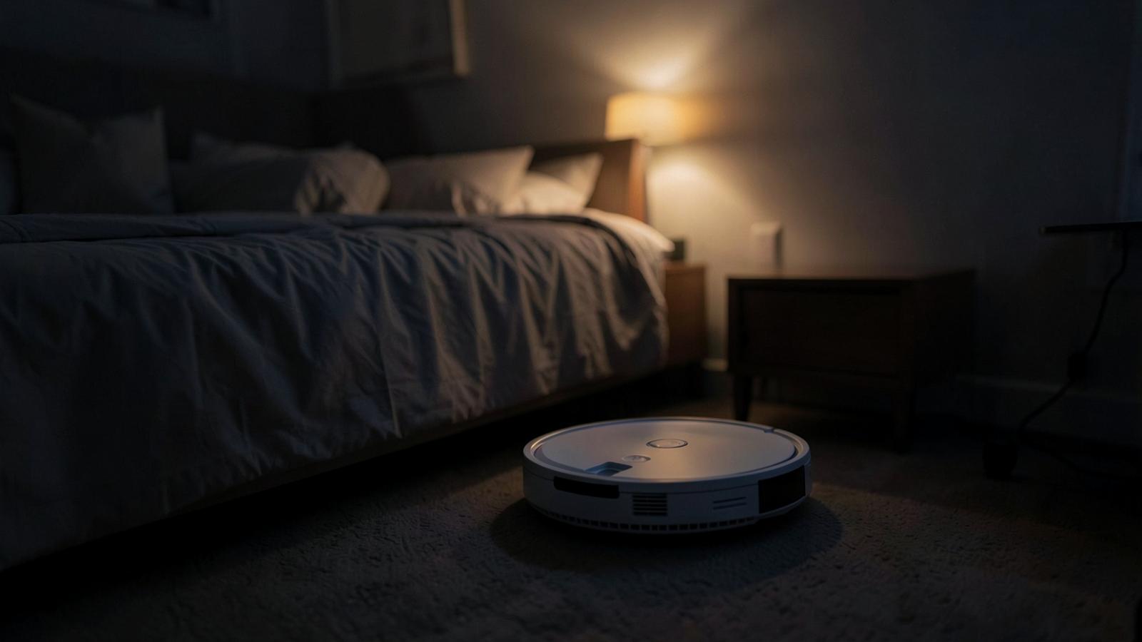 Robot vacuum cleaning a dim bedroom at night beside a softly lit lamp