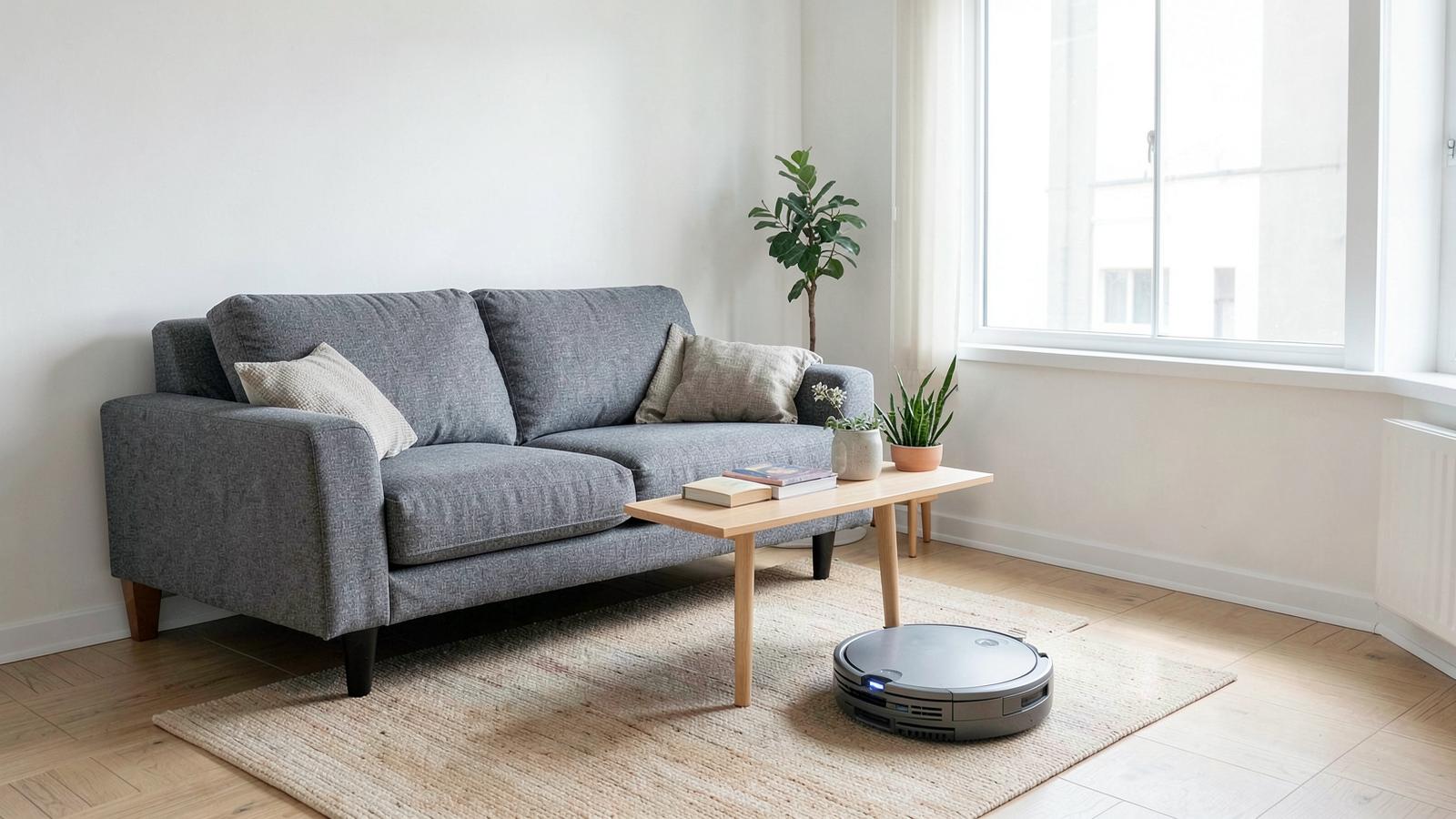 Compact robot vacuum cleaning a small apartment living room