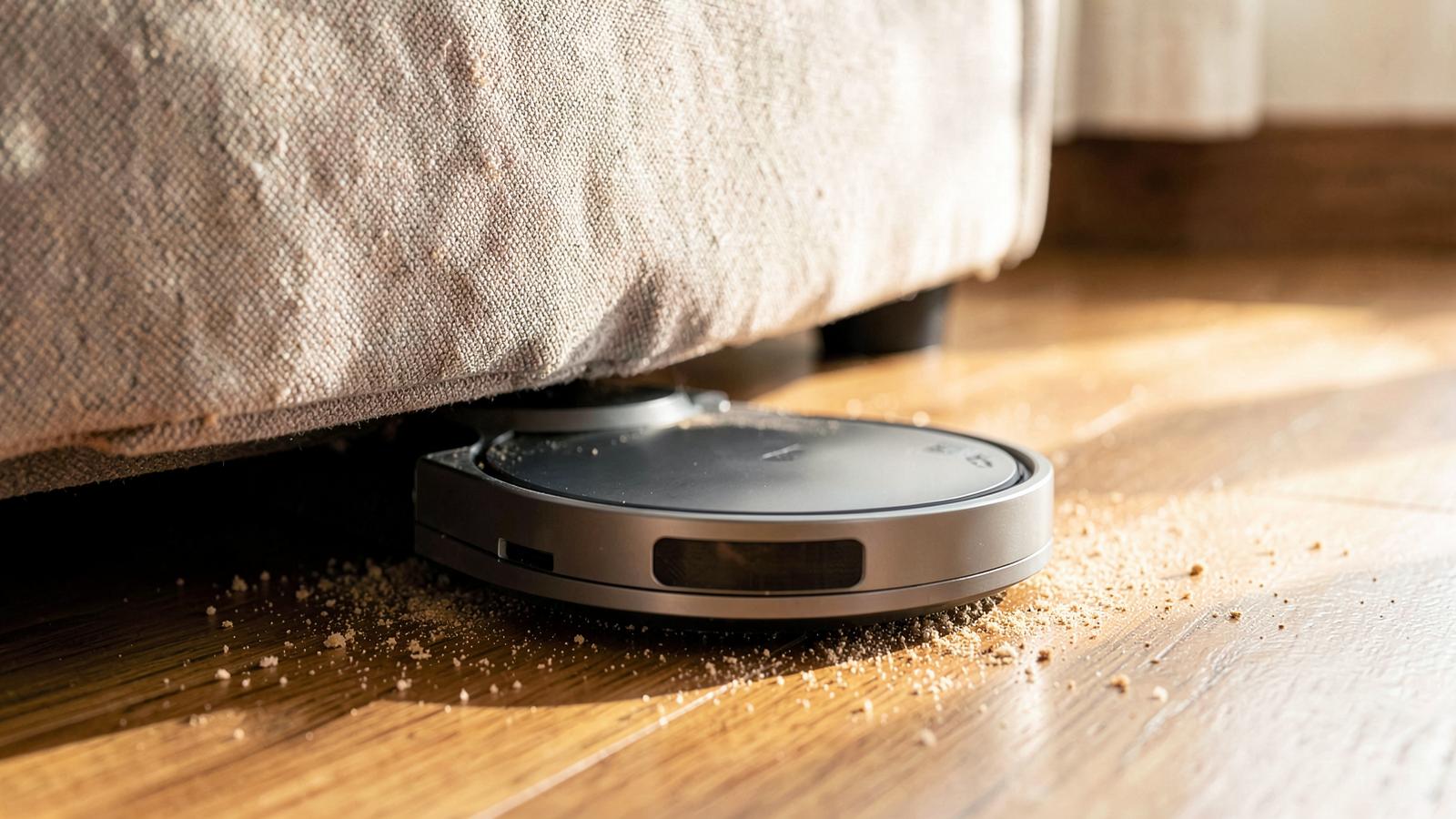 Slim robot vacuum sliding under a couch to clean dust underneath