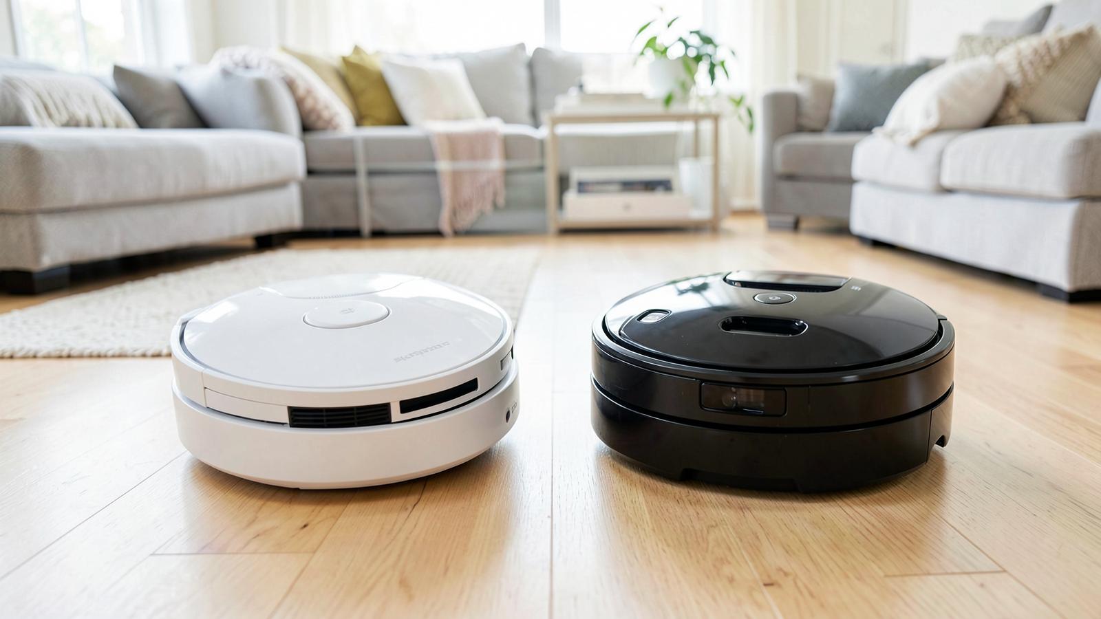 A white and a black robot vacuum side by side on hardwood flooring