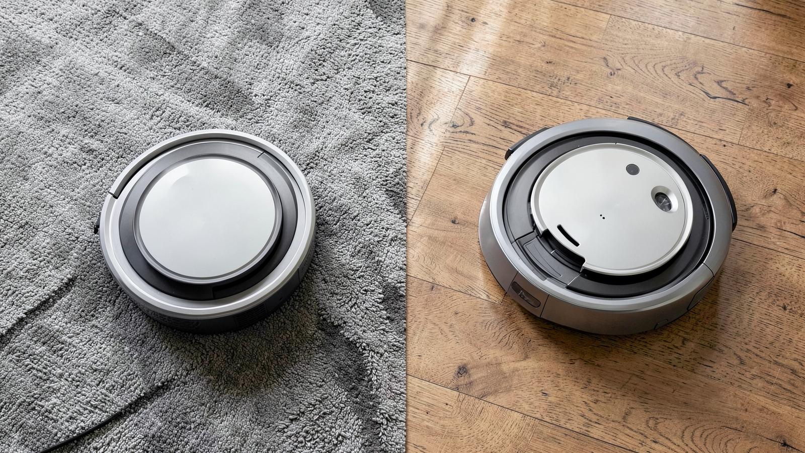 Two robot vacuums shown side by side, one on carpet and one on wood flooring