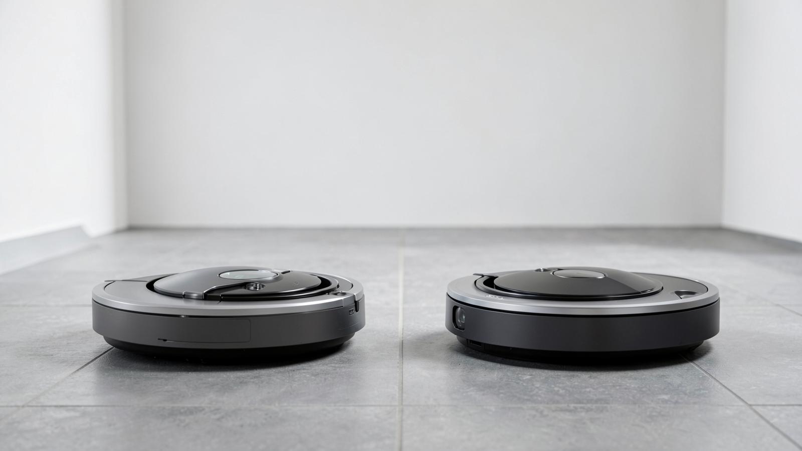Two robot vacuums facing each other on grey tile flooring